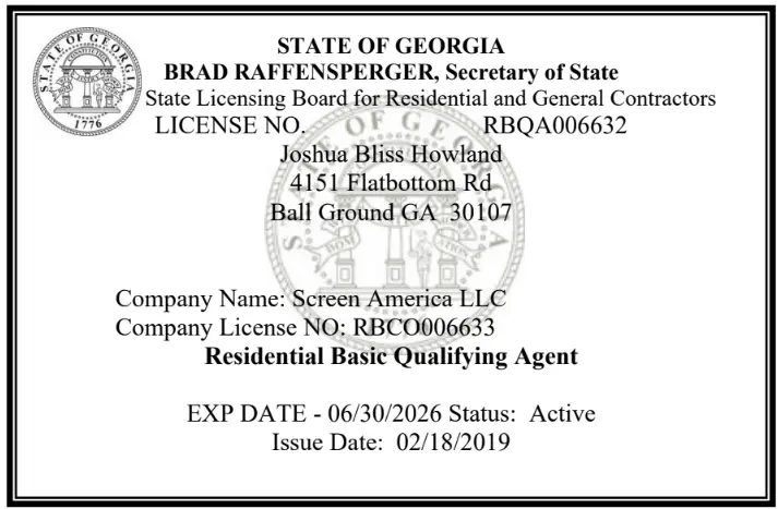 Screen Installation and Repair Georgia License